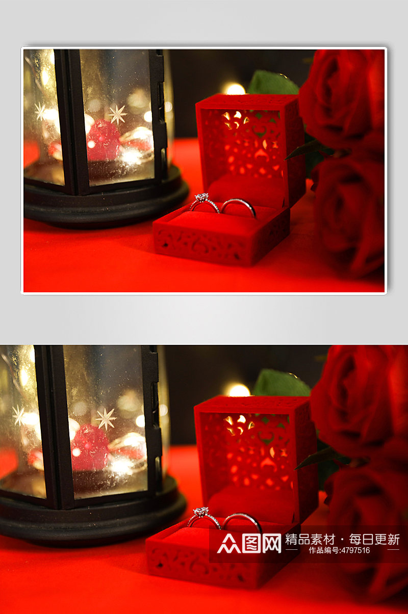 红色玫瑰花戒指烛光晚餐情人节摄影图片素材
