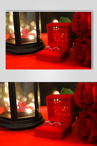 红色玫瑰花戒指烛光晚餐情人节摄影图片