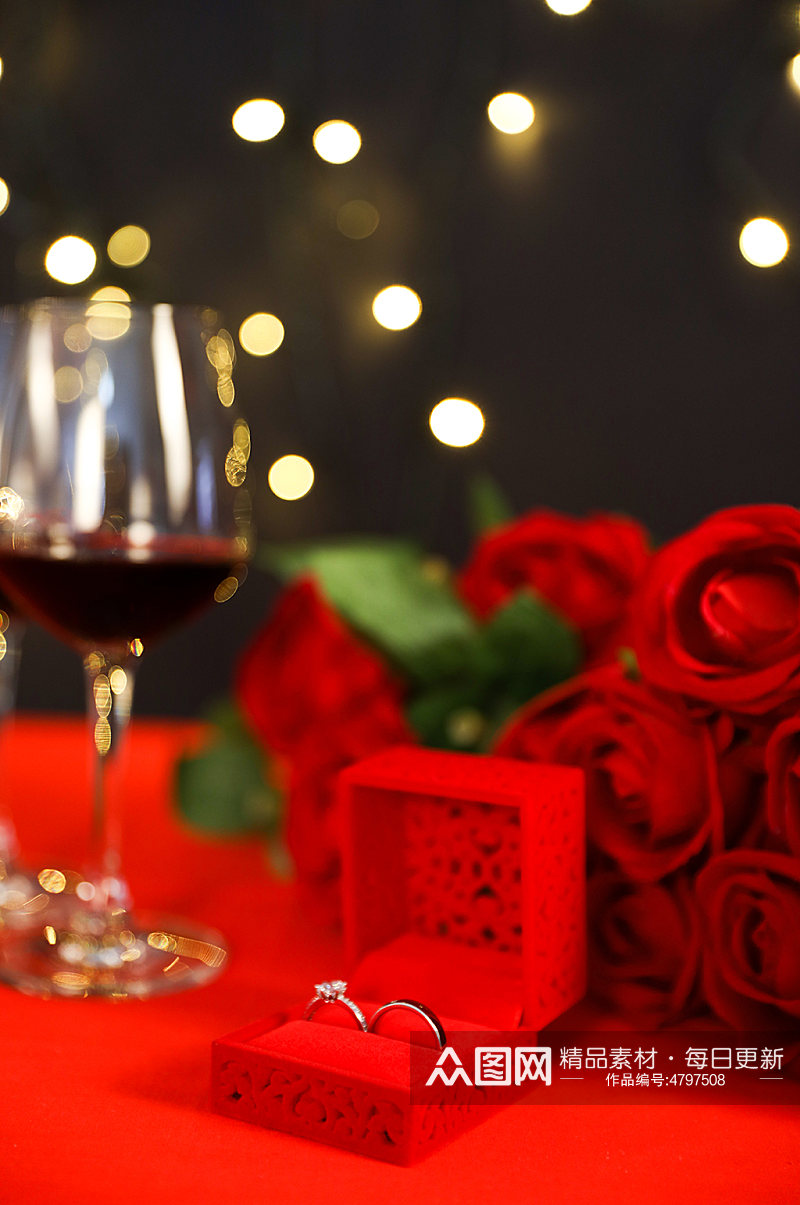 红色浪漫红酒戒指玫瑰花情人节摄影图片素材