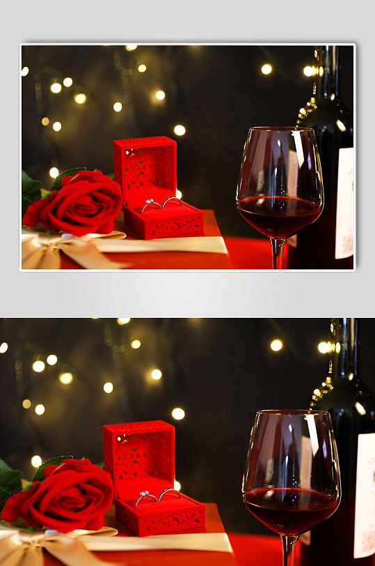 玫瑰花烛光晚餐红酒戒指情人节摄影图片