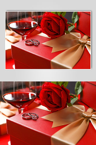 浪漫礼物盒玫瑰红酒戒指情人节摄影图片