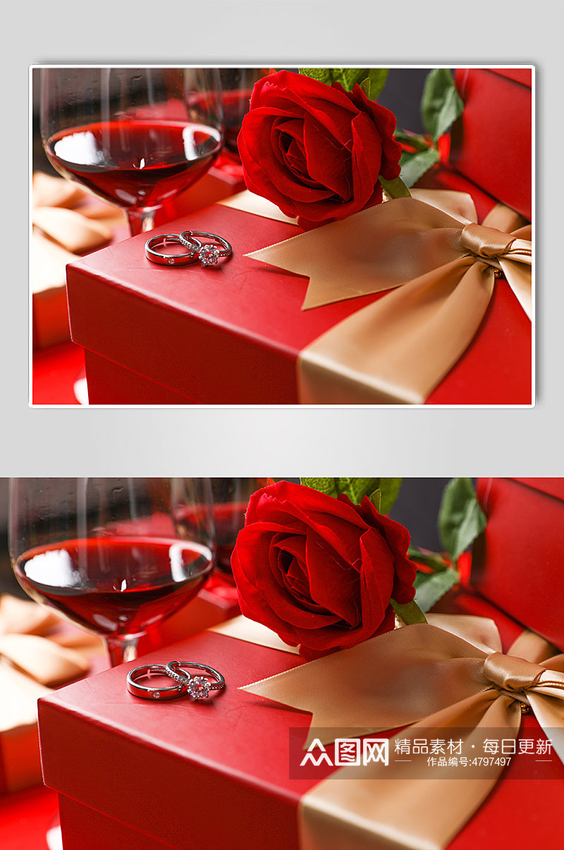 浪漫礼物盒玫瑰红酒戒指情人节摄影图片素材