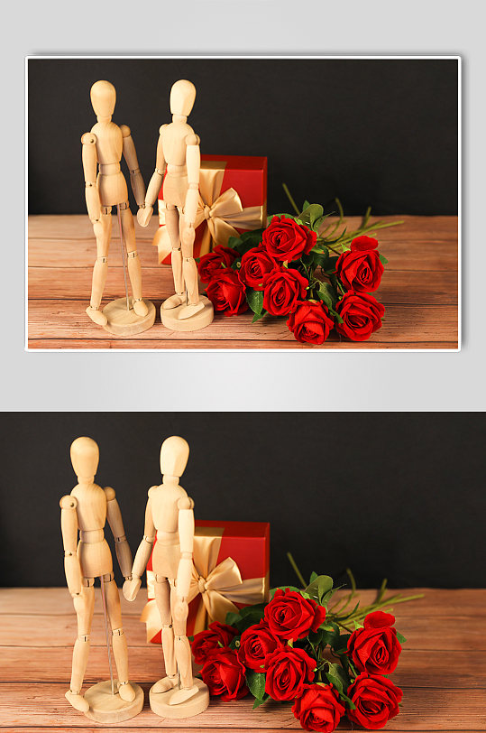 玫瑰花礼物盒温馨木偶情人节摄影图片
