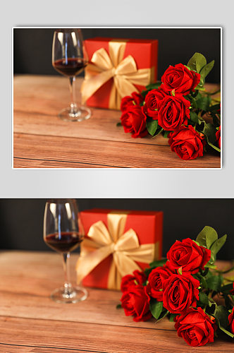 红酒杯玫瑰花礼物盒情人节摄影图片