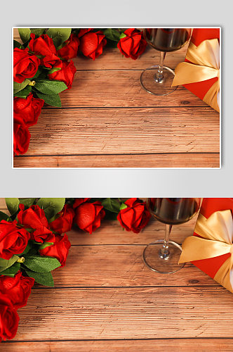 温馨玫瑰花礼物盒红酒杯情人节摄影图片