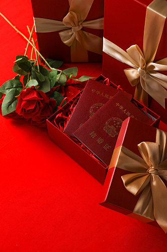红色玫瑰花结婚证礼物盒情人节摄影图片