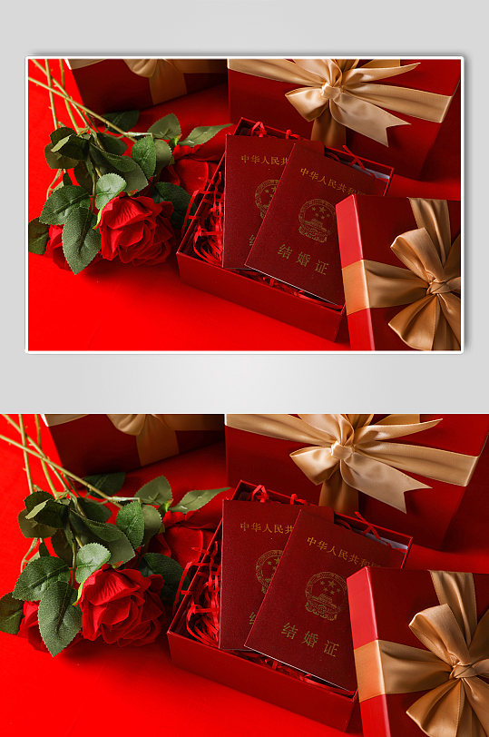 红色玫瑰花结婚证礼物盒情人节摄影图片
