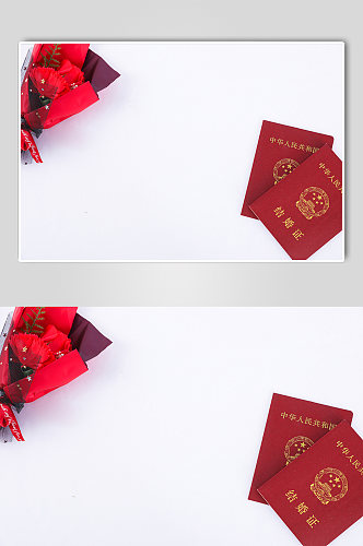红色浪漫结婚证花束情人节摄影图片