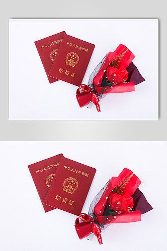红色结婚证花束情人节摄影图片