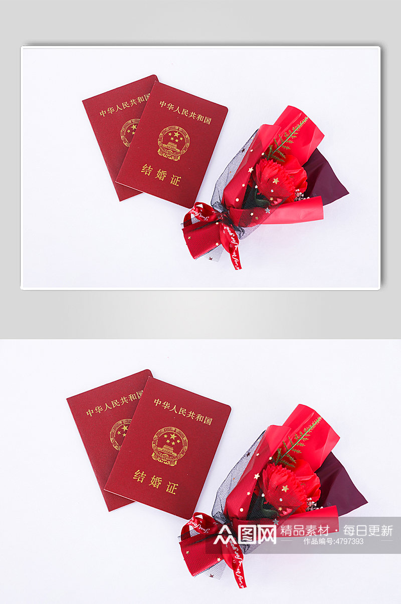 红色结婚证花束情人节摄影图片素材