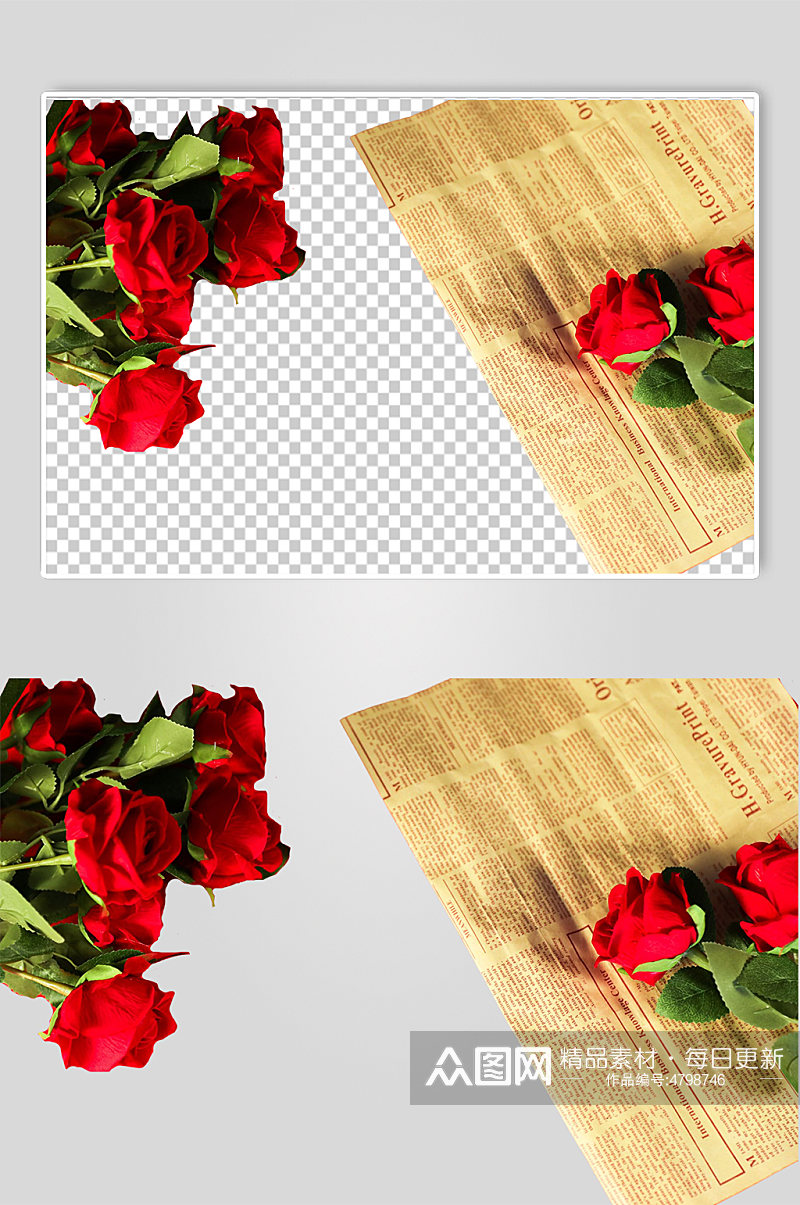 玫瑰花旧报纸情人节元素PNG免抠摄影图片素材