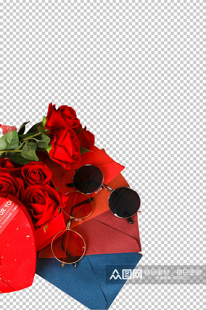 国潮墨镜玫瑰礼盒情人节元素PNG摄影图素材