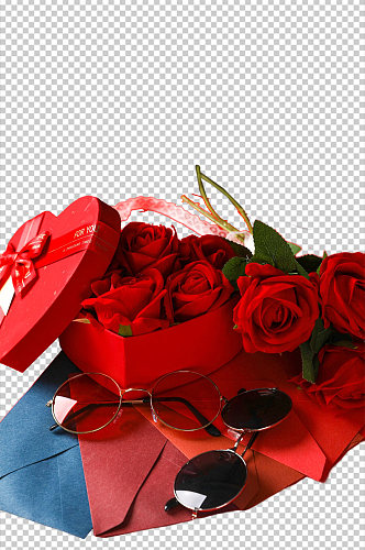 礼盒玫瑰花墨镜情人节元素PNG免抠摄影图