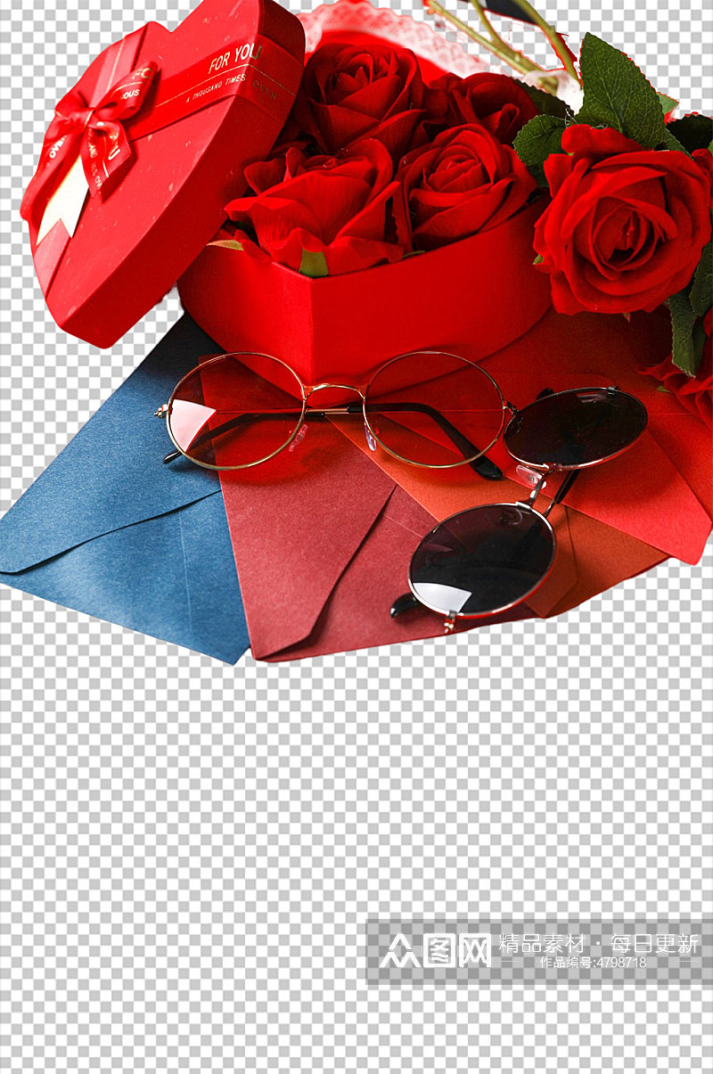 玫瑰花礼物墨镜情人节元素PNG免抠摄影图素材