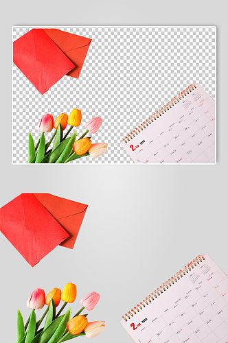 信封郁金香日历情人节元素PNG免抠摄影图