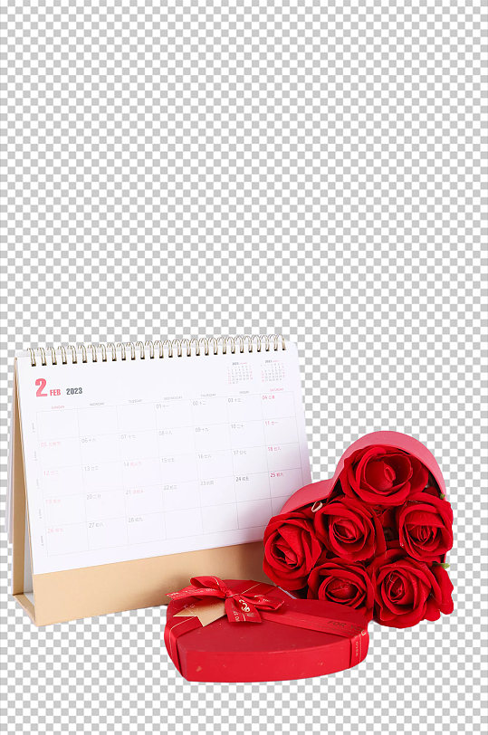 玫瑰爱心礼盒日历情人节元素PNG摄影图