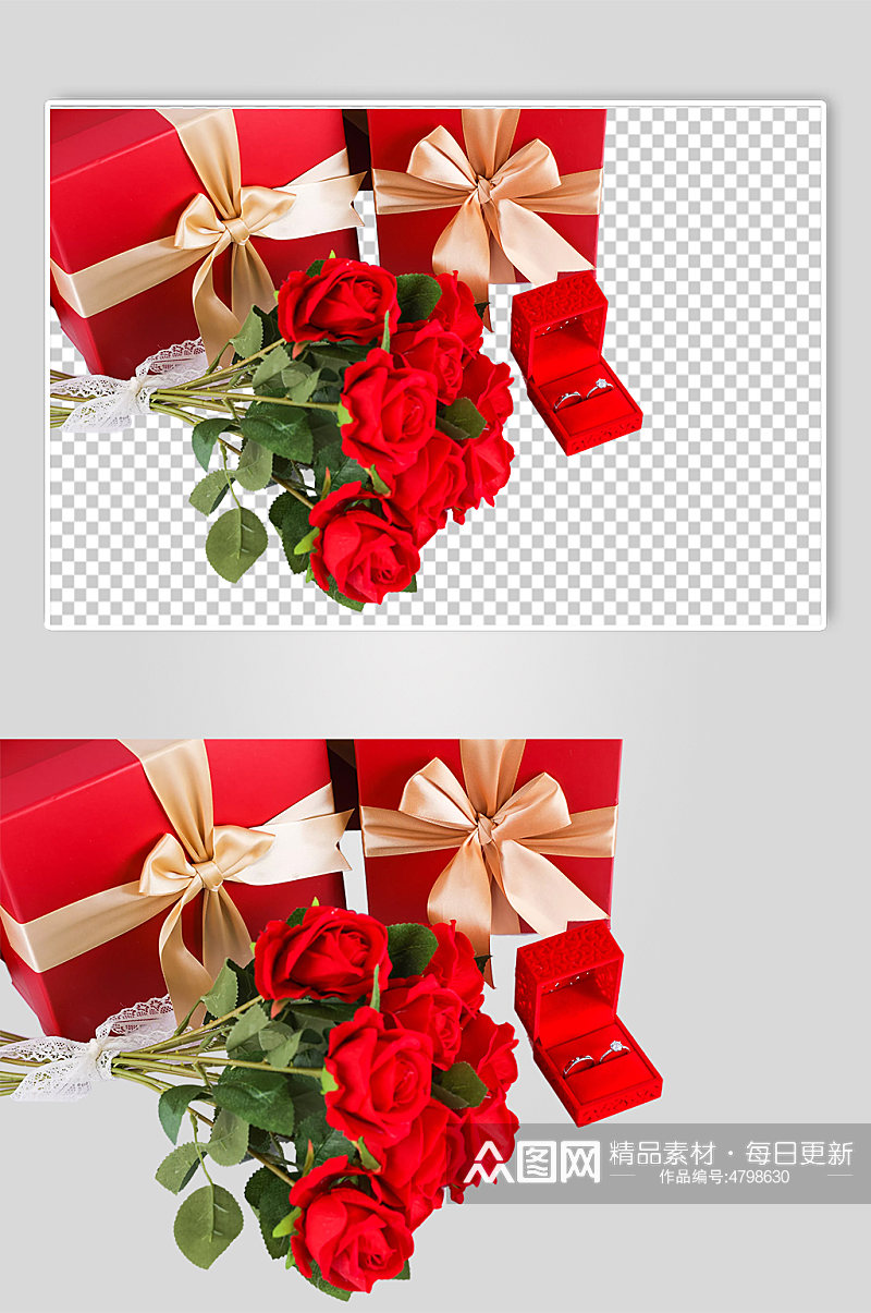 红色礼物玫瑰戒指人节元素PNG免抠摄影图素材