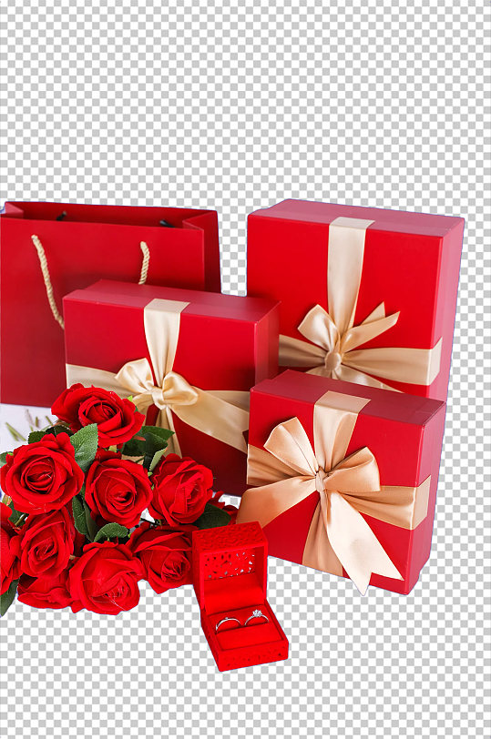精致礼盒玫瑰花钻戒情人节元素PNG摄影图