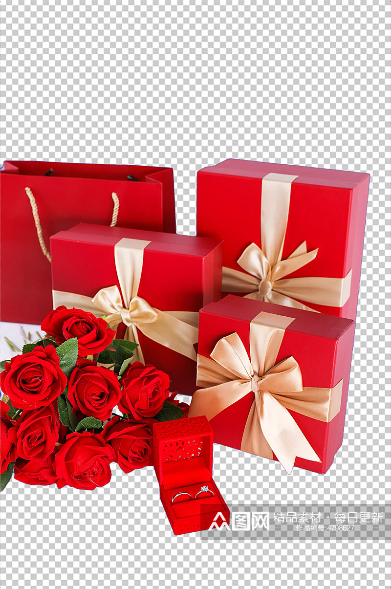 精致礼盒玫瑰花钻戒情人节元素PNG摄影图素材