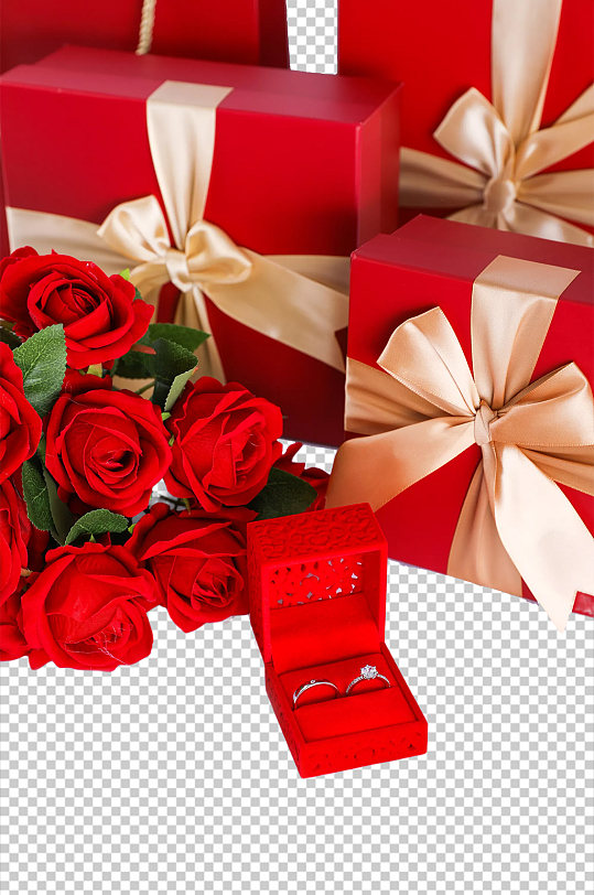 红色玫瑰礼盒钻戒情人节元素PNG摄影图