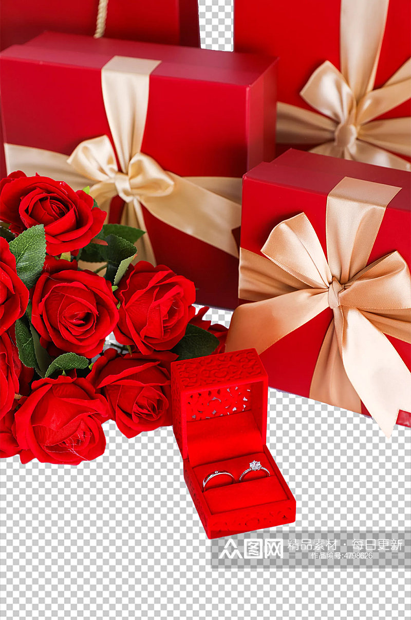 红色玫瑰礼盒钻戒情人节元素PNG摄影图素材