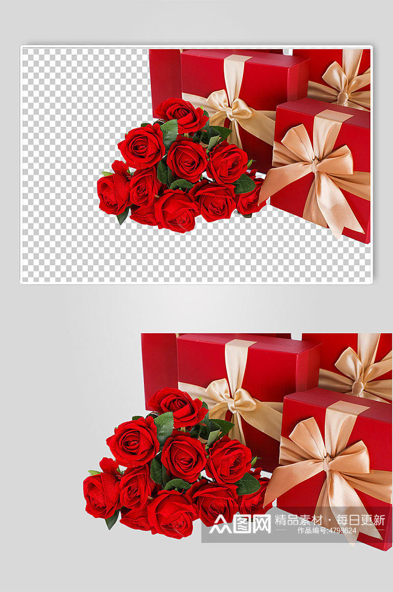 红色玫瑰花礼盒情人节元素PNG免抠摄影图素材