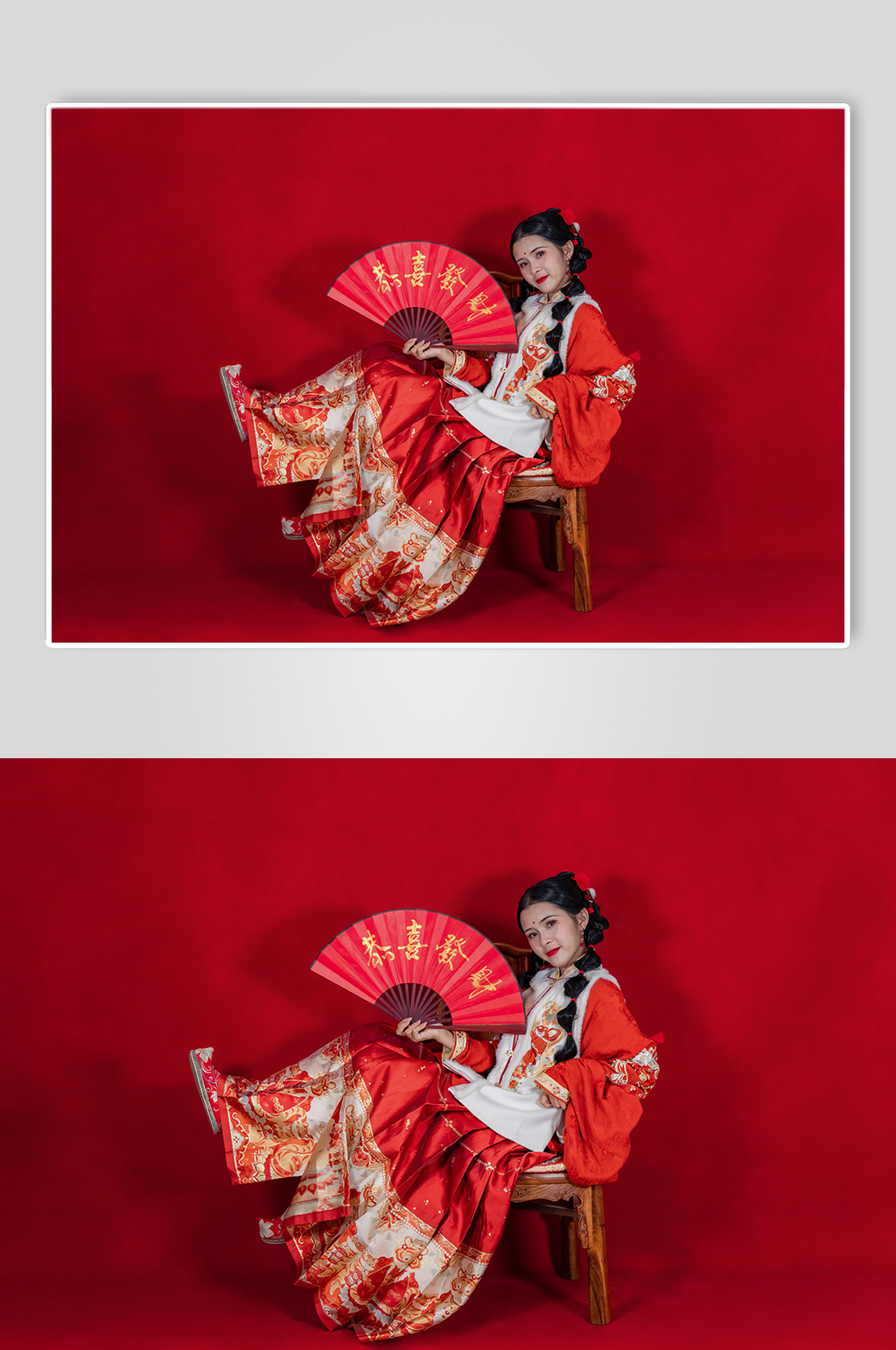 红色折扇兔年新年汉服人物摄影精修图片素材