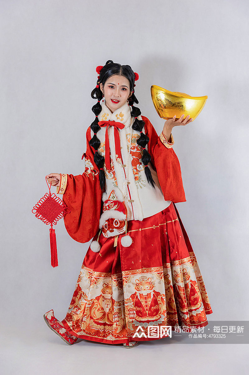 中国结金元宝美女新年汉服人物摄影精修图片素材
