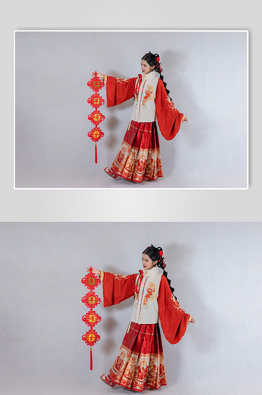 红色中国结对联新年汉服人物摄影精修图片