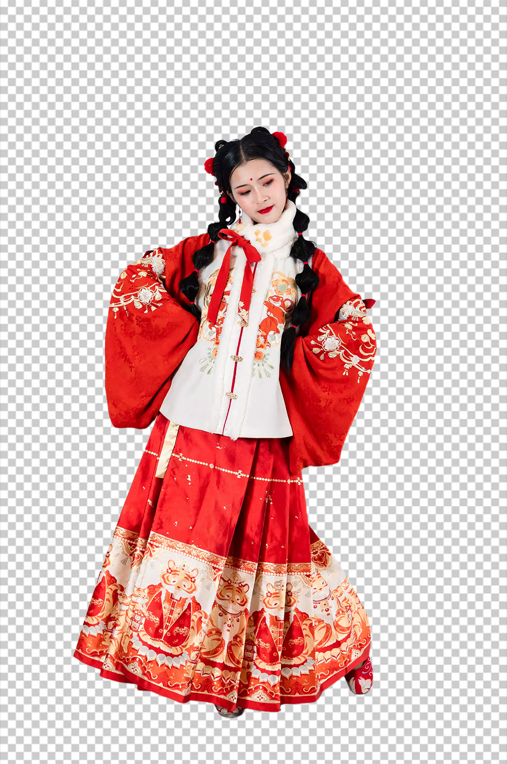 红色新年美女站姿汉服人物元素PNG图片素材