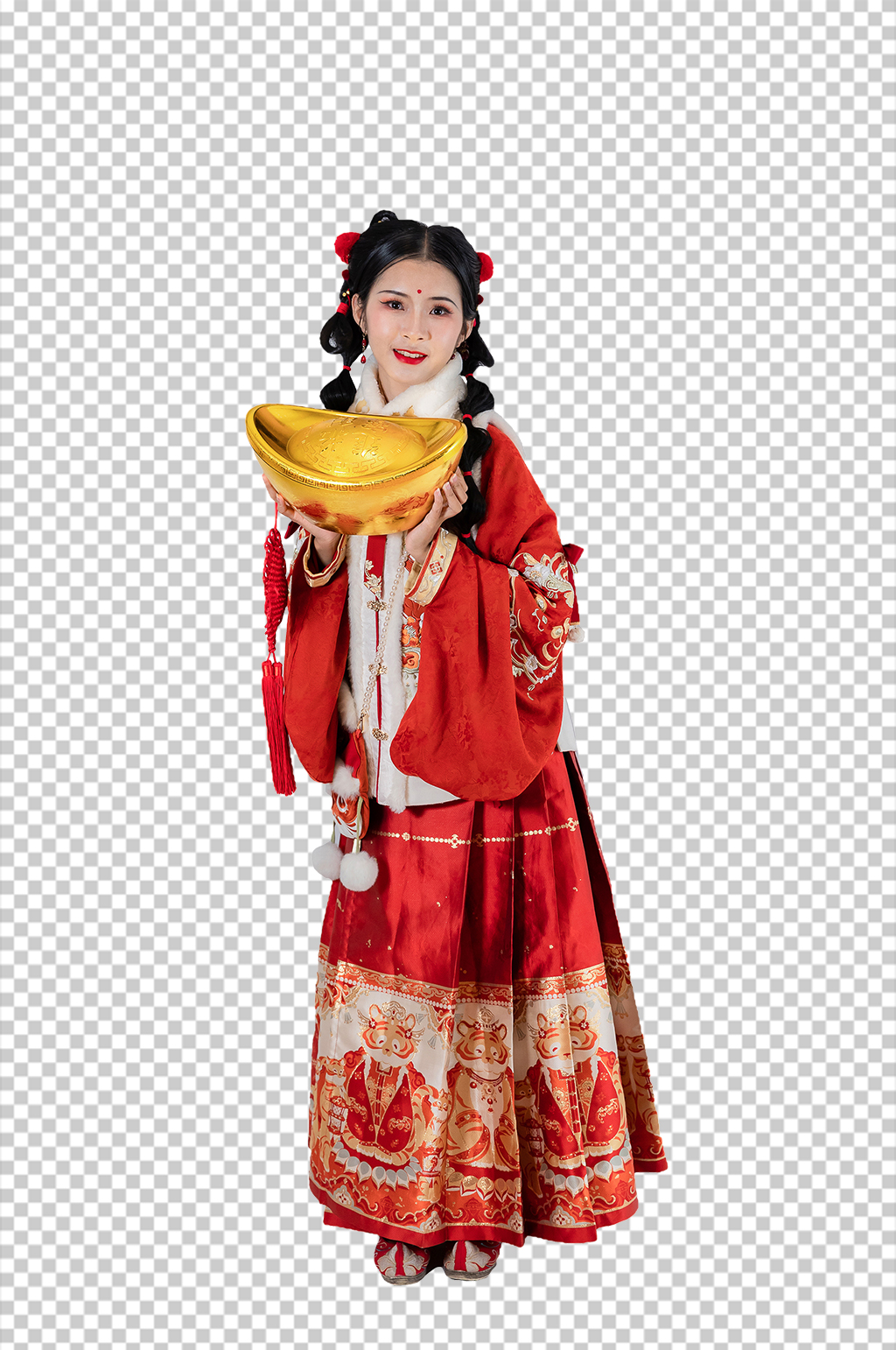 红色金元宝新年汉服人物元素免抠PNG图片素材