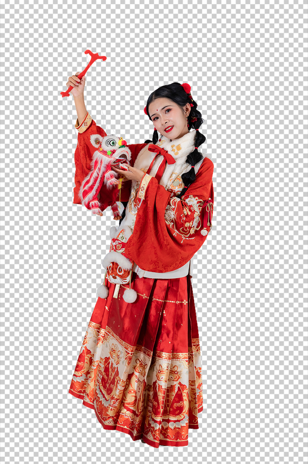红色年兽新年汉服人物元素免抠PNG图片素材