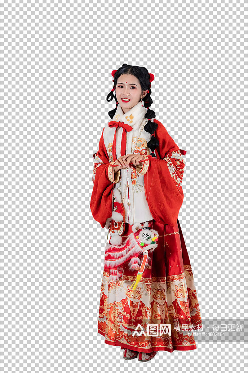 红色新年美女汉服人物元素免抠PNG图片素材