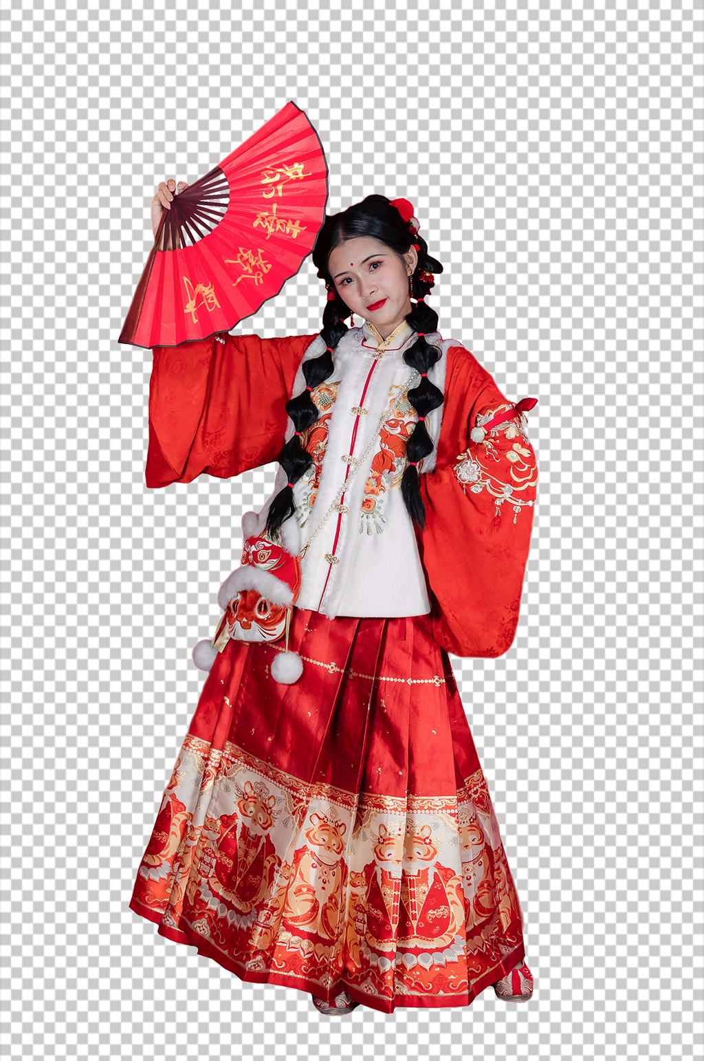 红色折扇新年汉服人物元素免抠PNG图片素材