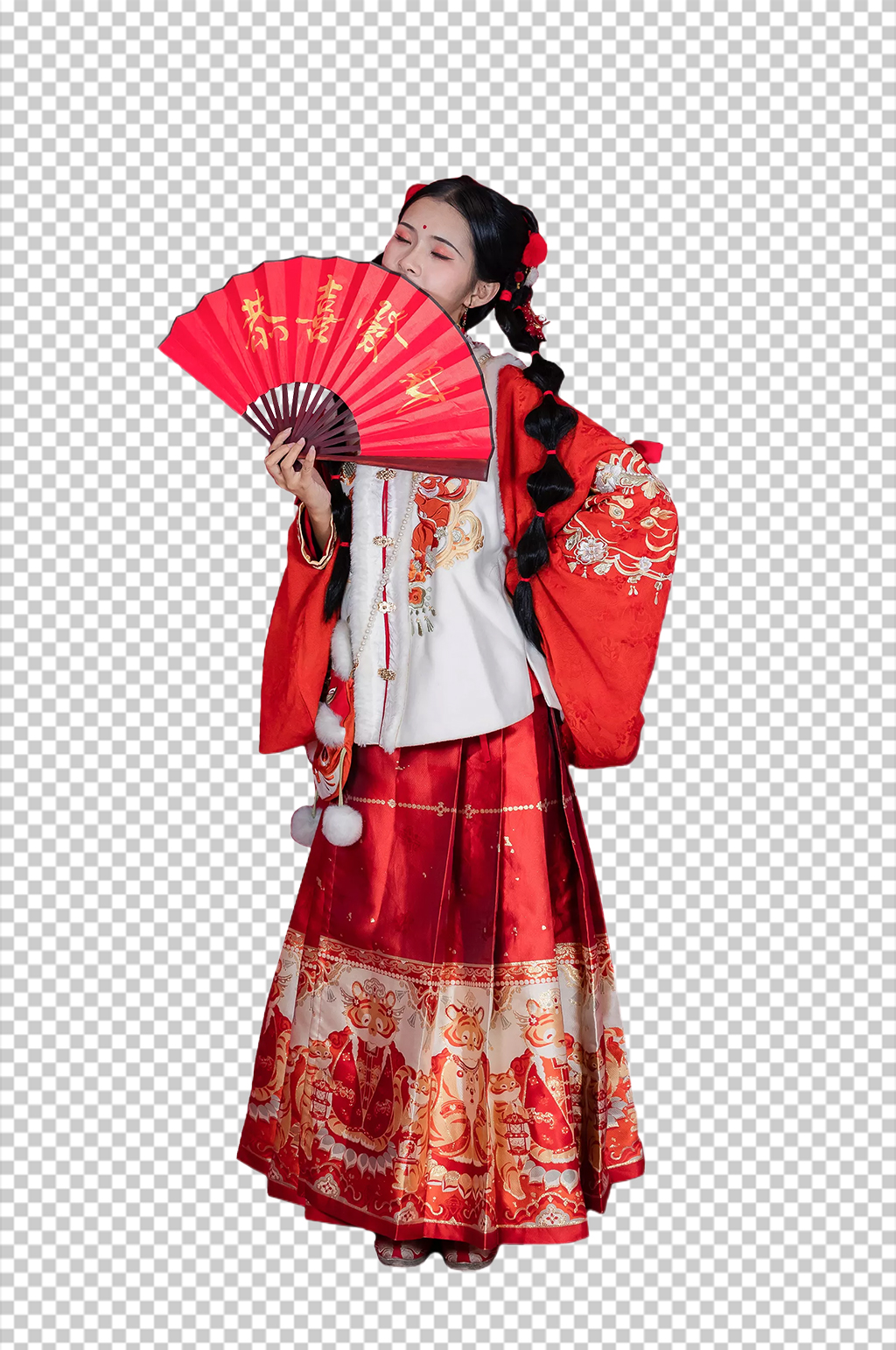 折扇新年快乐汉服人物元素免抠PNG图片素材
