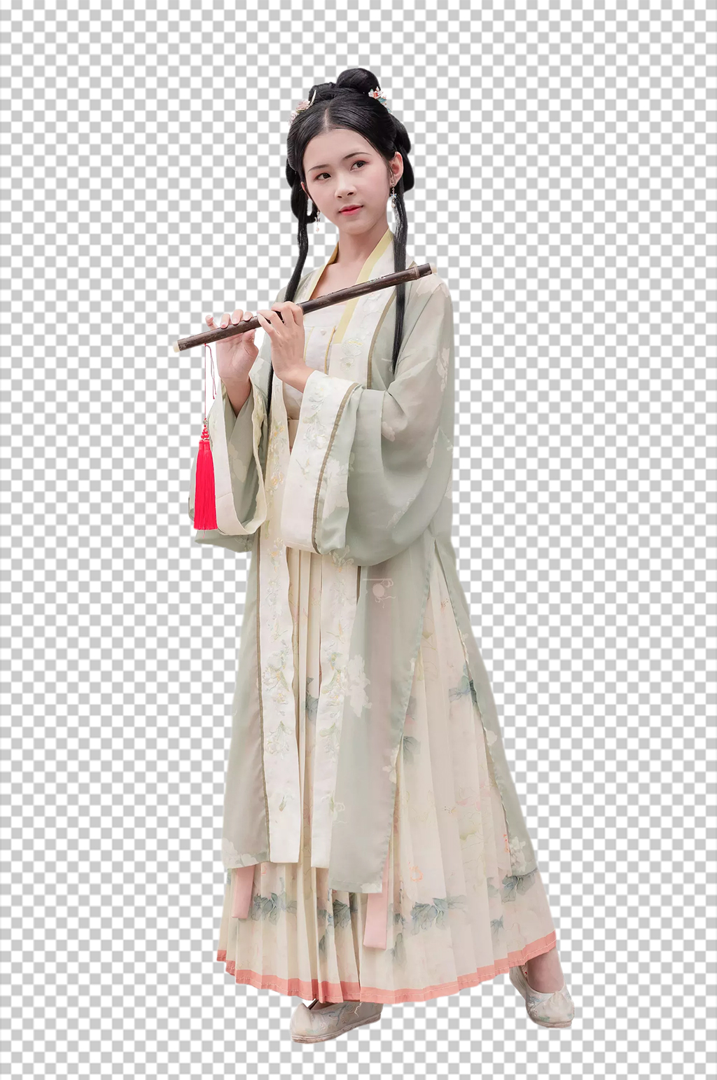 横笛淡雅美女宋制汉服人物元素PNG图片素材