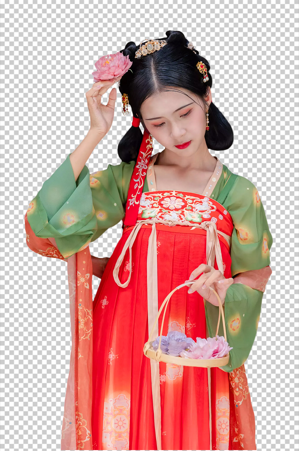手拿鲜花唐制汉服人物元素免抠PNG图片素材