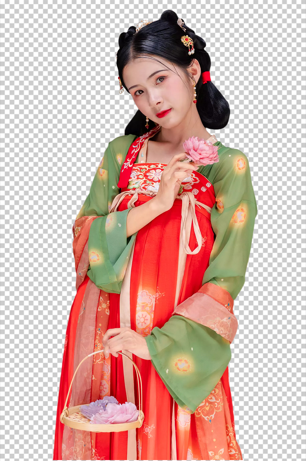 手拿鲜花唐制汉服人物元素免抠PNG图片素材