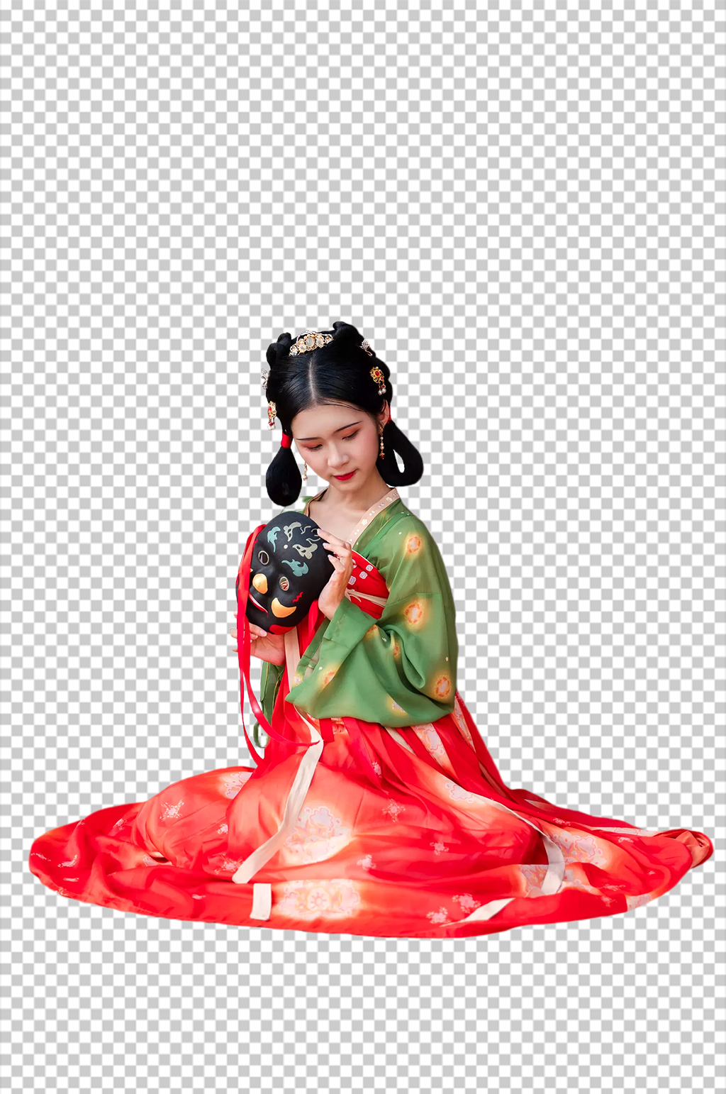面具坐姿唐制汉服人物元素免抠PNG图片素材