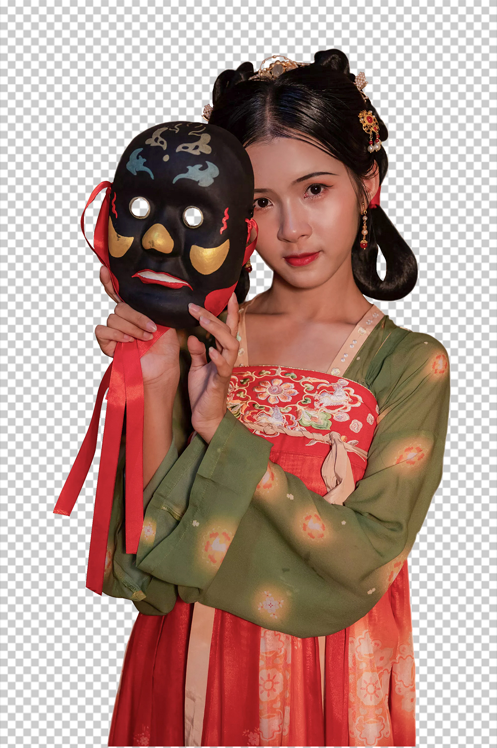 手拿面具唐制汉服人物元素免抠PNG图片素材