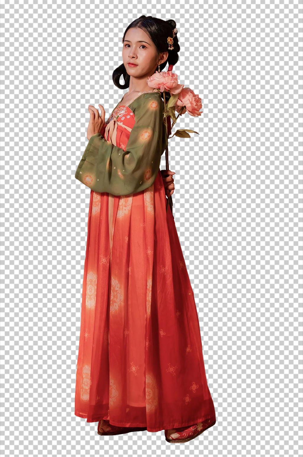 红色鲜花唐制汉服人物元素免抠PNG图片素材