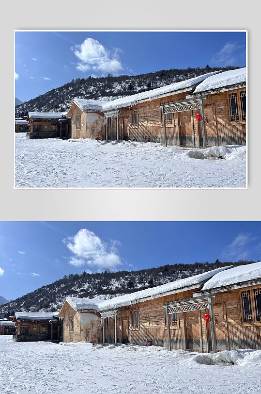 四川冬季积雪木屋雪山雪景滑雪场风景摄影图片