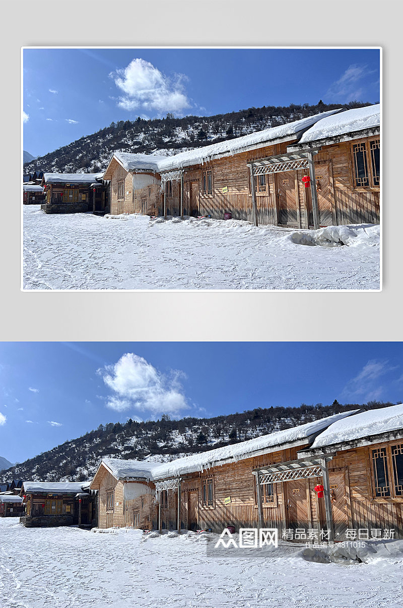 四川冬季积雪木屋雪山雪景滑雪场风景摄影图片素材