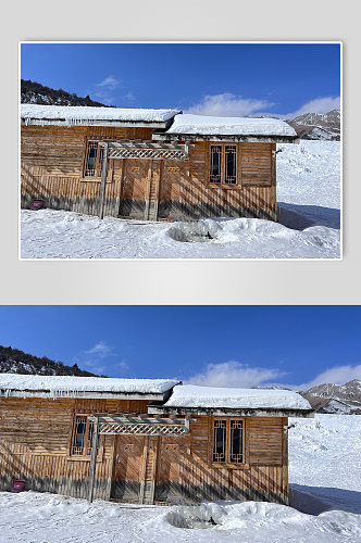 四川木屋下雪冬季雪山雪景风景摄影图片