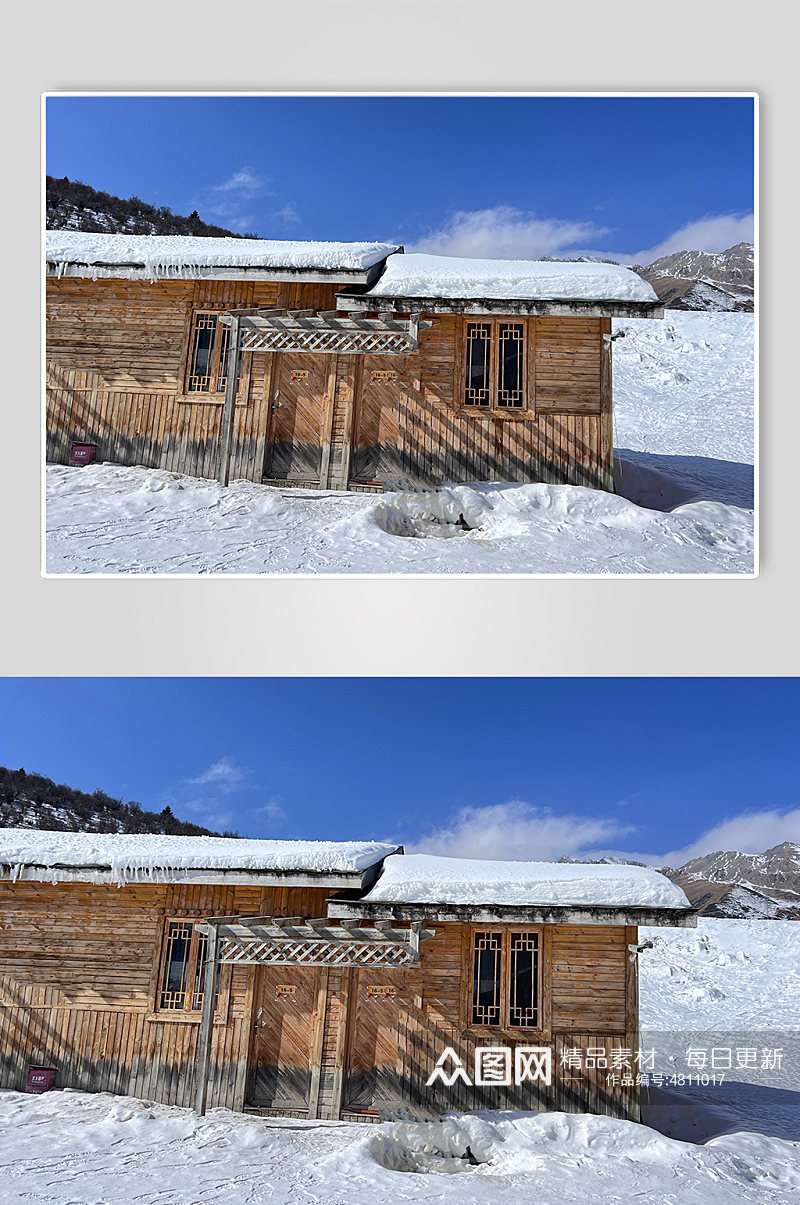 四川木屋下雪冬季雪山雪景风景摄影图片素材