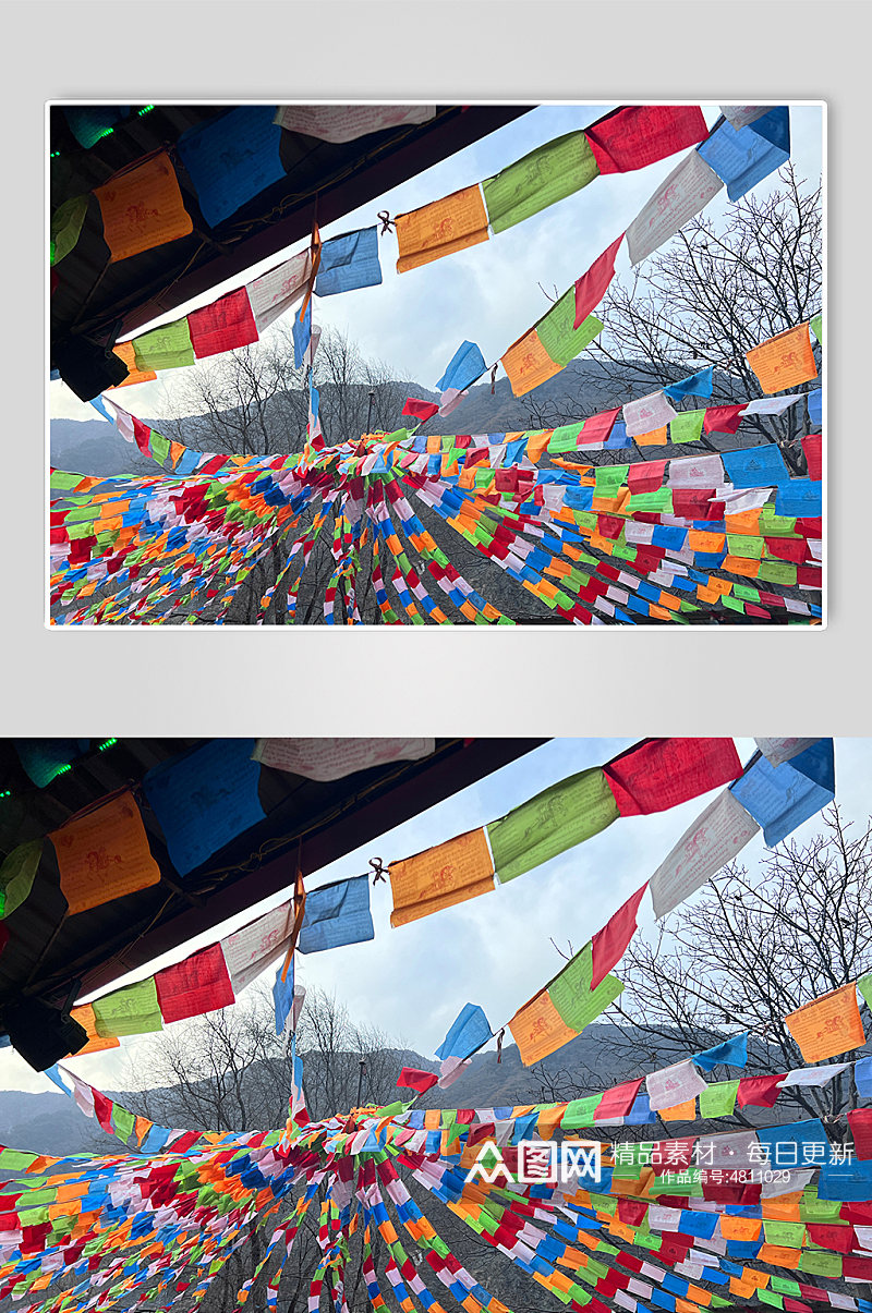 四川藏族冬季五色彩旗雪山雪景风景摄影图片素材