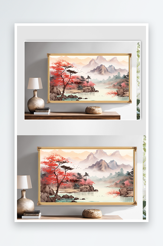 中国风国画水墨红色鸿运当头山水画装饰画