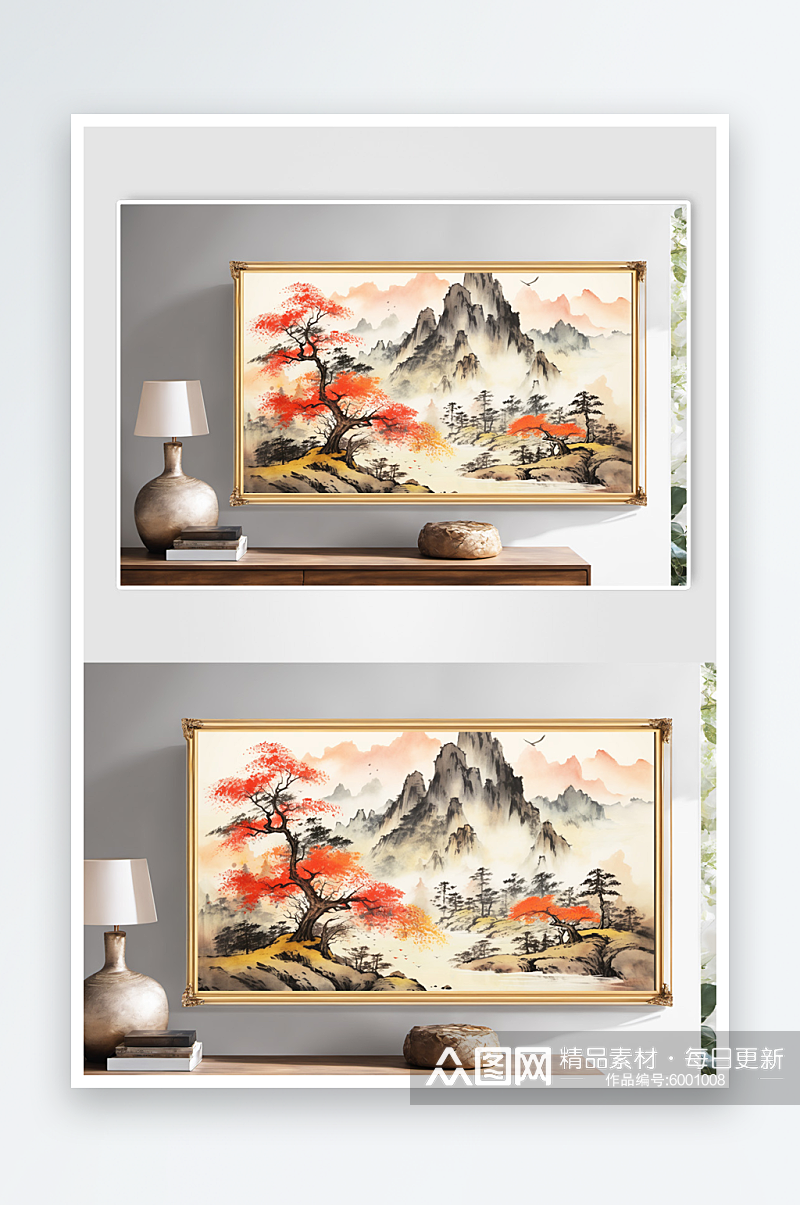 中国风国画水墨红色鸿运当头山水画装饰画素材