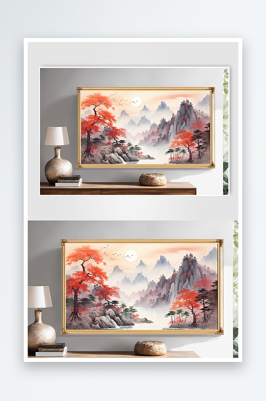 中国风国画水墨红色鸿运当头山水画装饰画