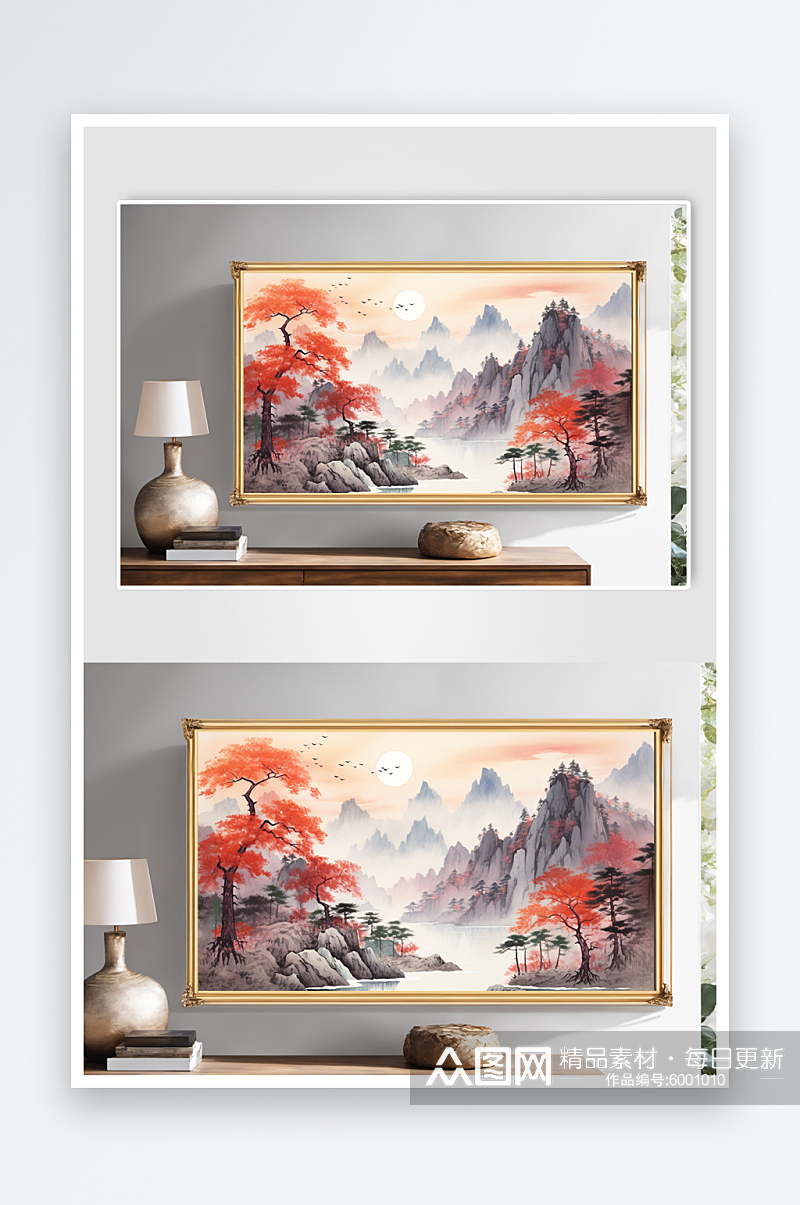 中国风国画水墨红色鸿运当头山水画装饰画素材